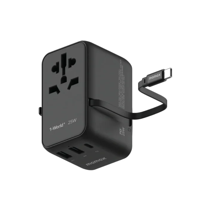 Momax Travel Adaptor 1-World+ 3-Port 2A 1C + Built-in USB C PD 25W - Black
