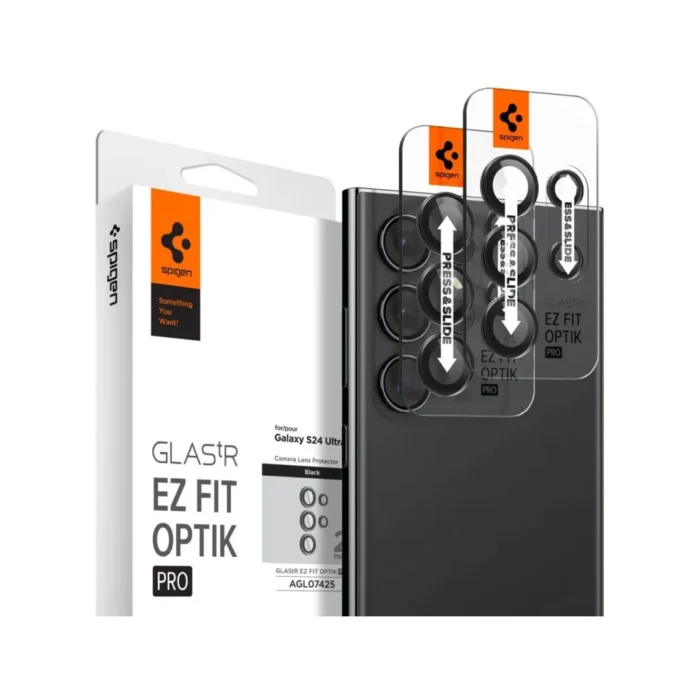 Spigen Galaxy S24 Ultra Camera Lens Protector Camera Ring with Tray 2 Pack GlastR EZ Fit Optik Pro - Black