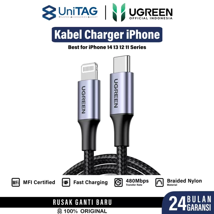 UGREEN Kabel Charger Lightning - USB C 3A 60W Braided 1m - Black