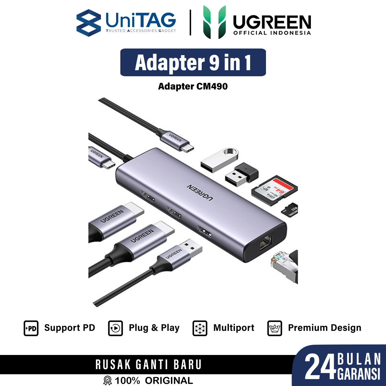Adapter Converter HUB 9 in 1 UGREEN USB Type C PD HDMI 4K RJ45 Laptop