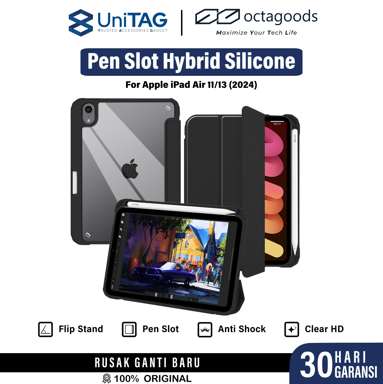 Case iPad Air 11" inch/13" inch M2 2024 Octagoods Pen Pencil Slot Hybrid Silicone Matte Cover Casing