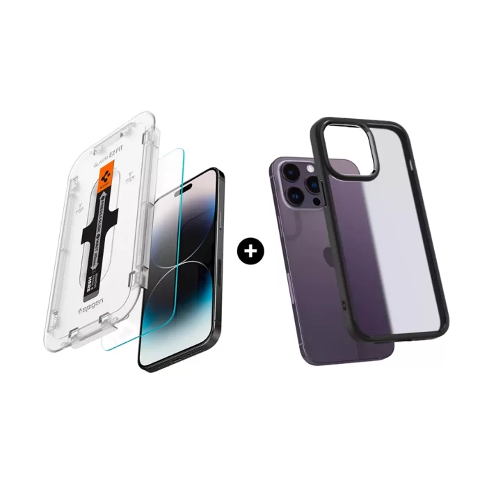 Spigen iPhone 14 Plus / 13 Pro Max Tempered Glass with Tray 2 Pack GlastR EZ Fit - Transparency AGL03375 + Octagoods iPhone 14 Plus Case Hybrid Camera Frame - B