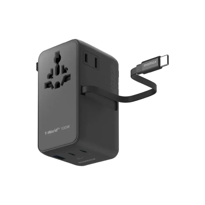 Momax Travel Adaptor 1-World2+ Mini Universal 4-Port 1A 2C + Built-in USB C (with Dual AC) PD QC GaN 100W - Black