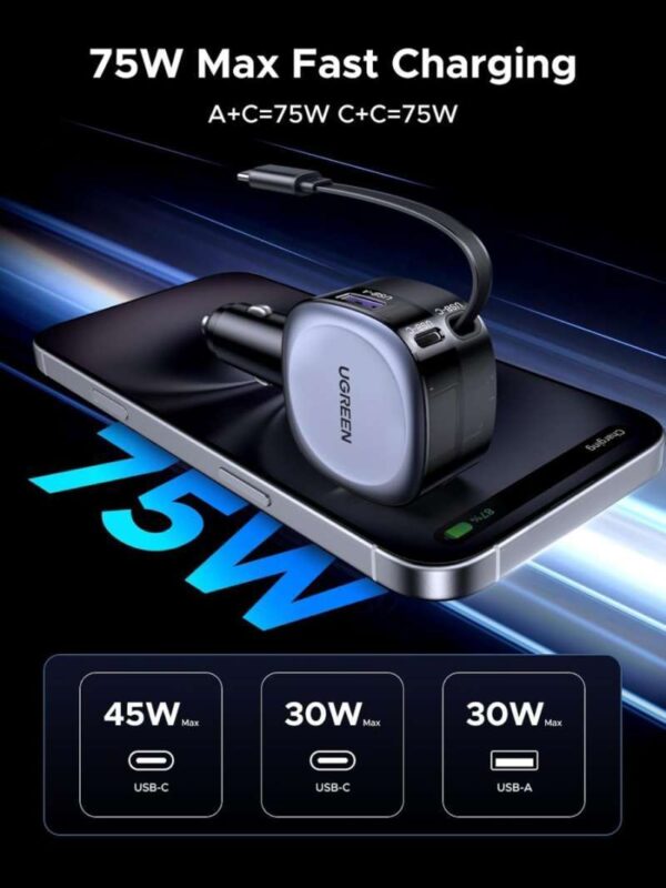 UGREEN Car Charger Mobil Fast Charging Type C 75W USB A Multiport Built in Retractable Cable for iPhone Samsung Laptop Macbook Pro Air - Gambar 2