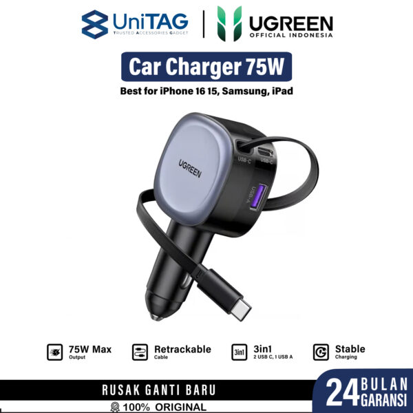 UGREEN Car Charger Mobil Fast Charging Type C 75W USB A Multiport Built in Retractable Cable for iPhone Samsung Laptop Macbook Pro Air