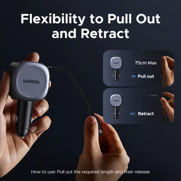 UGREEN Car Charger Mobil Fast Charging Type C 75W USB A Multiport Built in Retractable Cable for iPhone Samsung Laptop Macbook Pro Air - Gambar 3