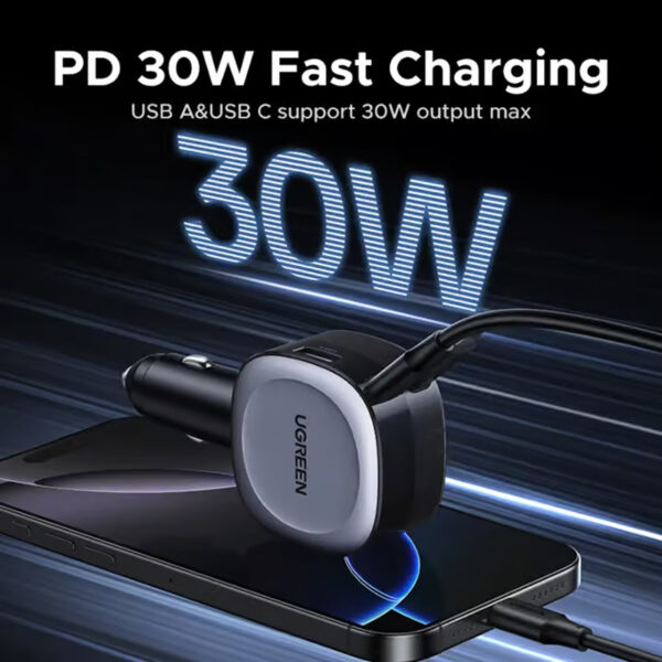 UGREEN Car Charger Mobil Fast Charging Type C 75W USB A Multiport Built in Retractable Cable for iPhone Samsung Laptop Macbook Pro Air - Gambar 4