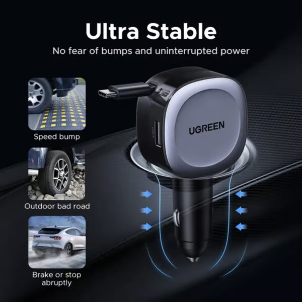 UGREEN Car Charger Mobil Fast Charging Type C 75W USB A Multiport Built in Retractable Cable for iPhone Samsung Laptop Macbook Pro Air - Gambar 7
