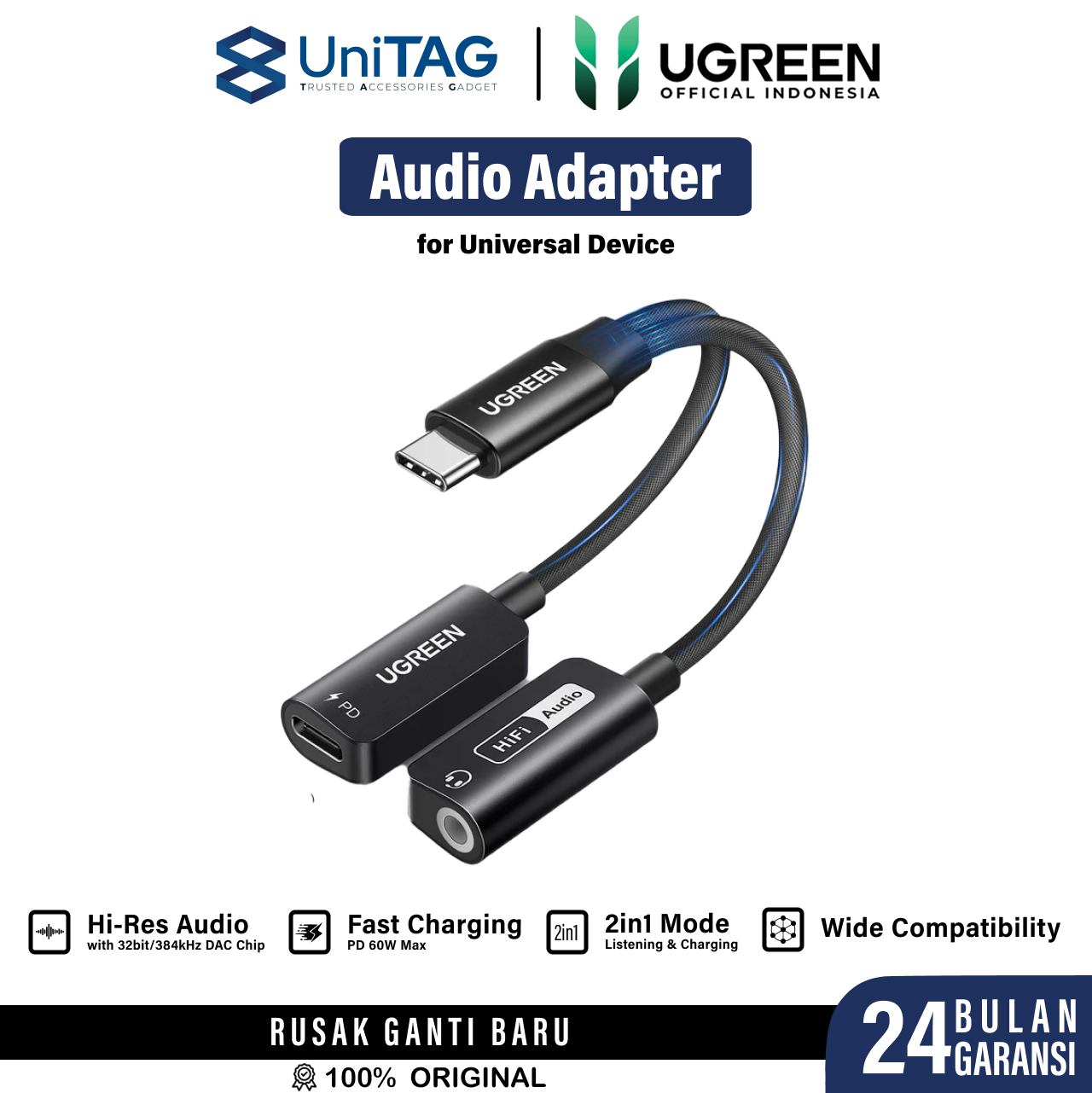 UGREEN Kabel Spliitter Adapter 2 in 1 USB Type C to 3.5mm PD 60W For iPhone iPad Samsung Converter Audio Cable