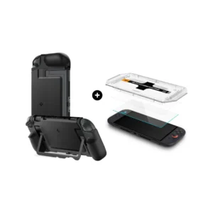 Spigen Nintendo Switch 2 Case Dual Grip - Black ACS09310 + Spigen Nintendo Switch 2 Tempered Glass with Tray 2 Pack GlastR EZ Fit