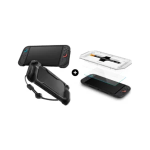 Spigen Nintendo Switch 2 Case Rugged Armor - Matte Black ACS09075 + Spigen Nintendo Switch 2 Tempered Glass with Tray 2 Pack GlastR EZ Fit