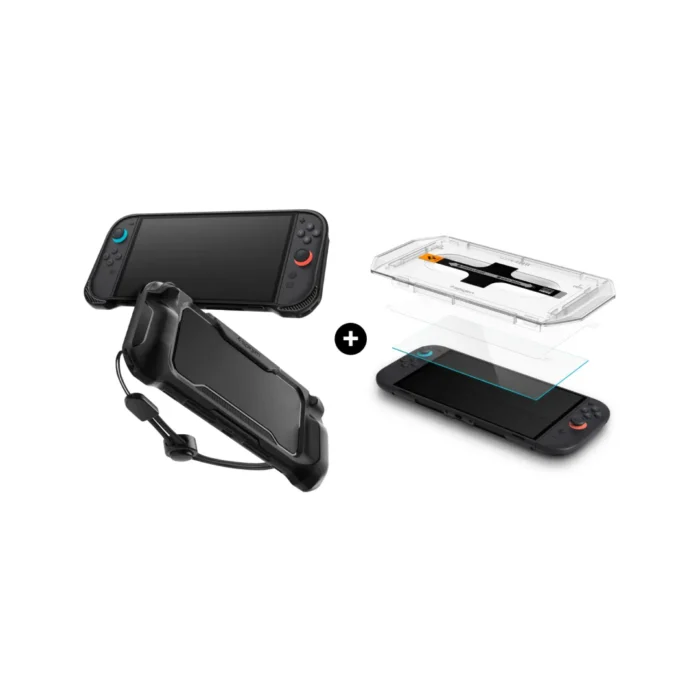 Spigen Nintendo Switch 2 Case Rugged Armor - Matte Black ACS09075 + Spigen Nintendo Switch 2 Tempered Glass with Tray 2 Pack GlastR EZ Fit