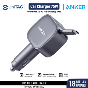 ANKER Car Charger Mobil Nano 75W USB C Super Fast Charging with Built-in Retractable Cable Adapter for iPhone Samsung iPad MacBook Pro Air