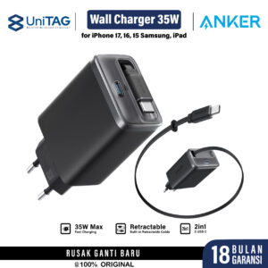 ANKER Kepala Charger Nano 35W  USB C with Built-in Retractable Cable PD Charger 2 Port for iPhone Samsung iPad MacBook Pro Air
