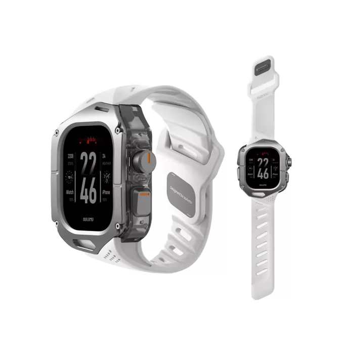 Aulumu Apple Watch Ultra 49mm (Series 3 / 2 / 1) Case Strap A01 Titanium Cover | FKM Band - White