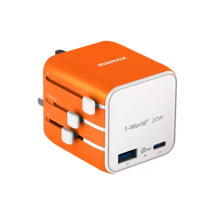 Momax Travel Adaptor 1-World2 Mini Universal 2-Port 1A 1C PD GaN 20W - Orange Momax Travel Adaptor 1-World2 Mini Universal 2-Port 1A 1C PD GaN 20W - Orange