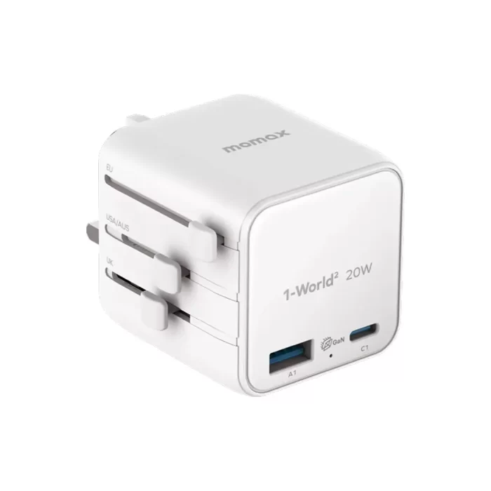 Momax Travel Adaptor 1-World2 Mini Universal 2-Port 1A 1C PD GaN 20W - White