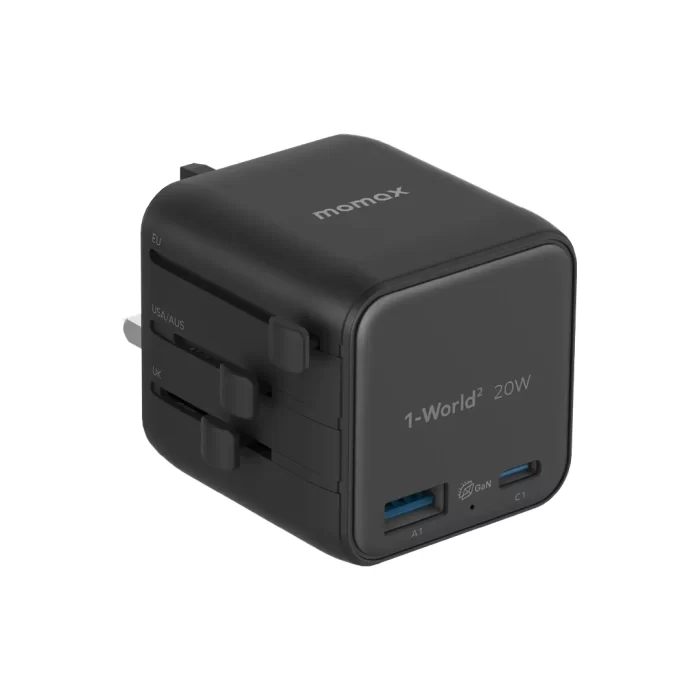 Momax Travel Adaptor 1-World2 Mini Universal 2-Port 1A 1C PD QC GaN 20W - Black