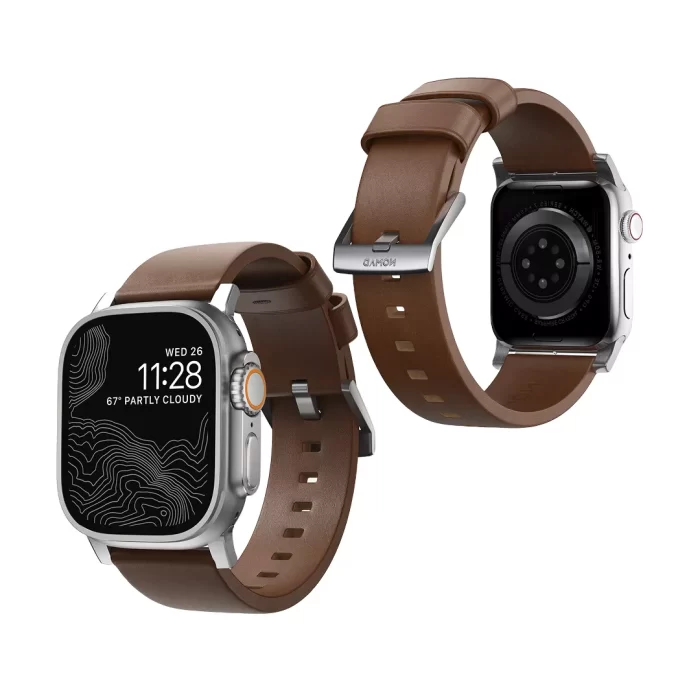 Nomad Apple Watch 49mm : 46mm : 45mm : 44mm : 42mm (Series 3 : 2 : 1) Horween Leather Strap Modern Build Black Active Leather FKM Pro ( Silver Hardware )