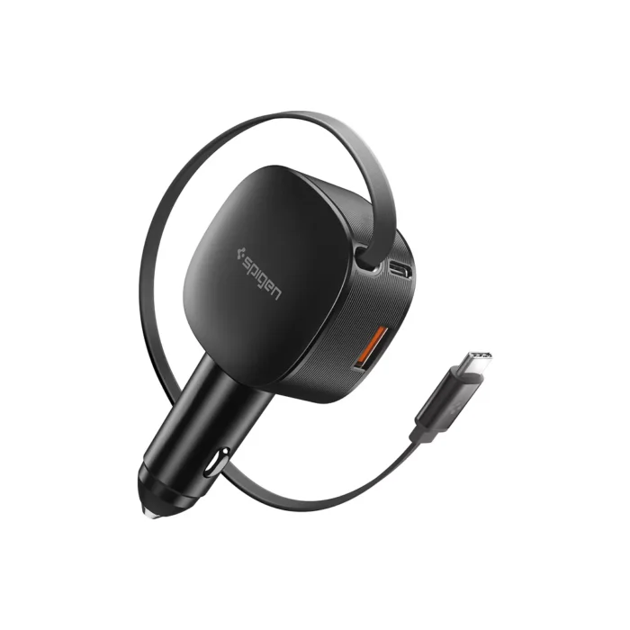 Spigen Car Charger 1A 2C Built-in Retractable Cable USB C Essential 60W - Black Spigen Car Charger 1A 2C Built-in Retractable Cable USB C Essential 60W - Black