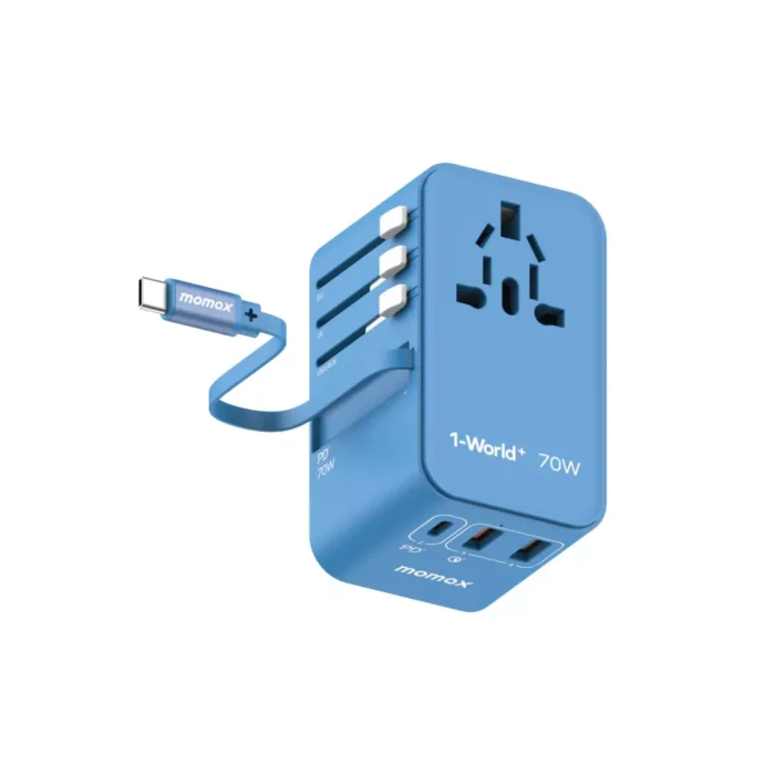Momax Travel Adaptor 1-World+ 3-Port 2A 1C + Built-in USB C PD QC GaN 70W - Blue