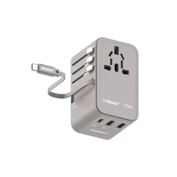 Momax Travel Adaptor 1-World+ 3-Port 2A 1C + Built-in USB C PD QC GaN 70W - Gray