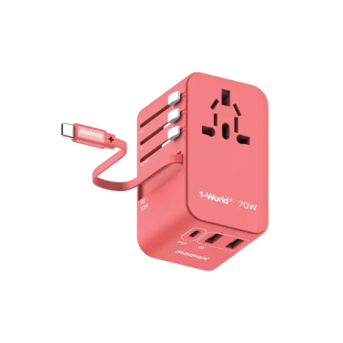 Momax Travel Adaptor 1-World+ 3-Port 2A 1C + Built-in USB C PD QC GaN 70W - Red