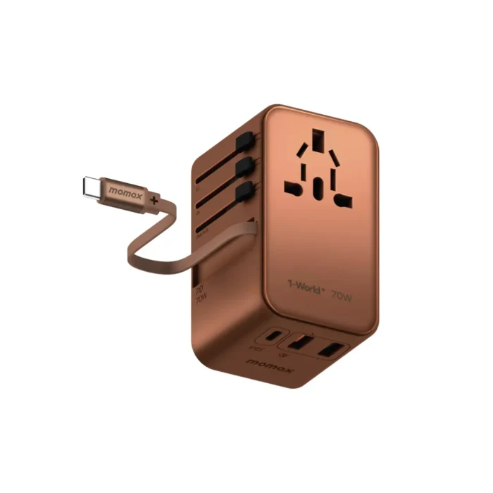 Momax Travel Adaptor 1-World+ 3-Port 2A 1C + Built-in USB C PD QC GaN 70W – Sandstone